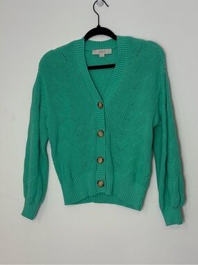 Loft Cardigan Sweater Chevron Pointelle Knit Green Button Front Petite Large